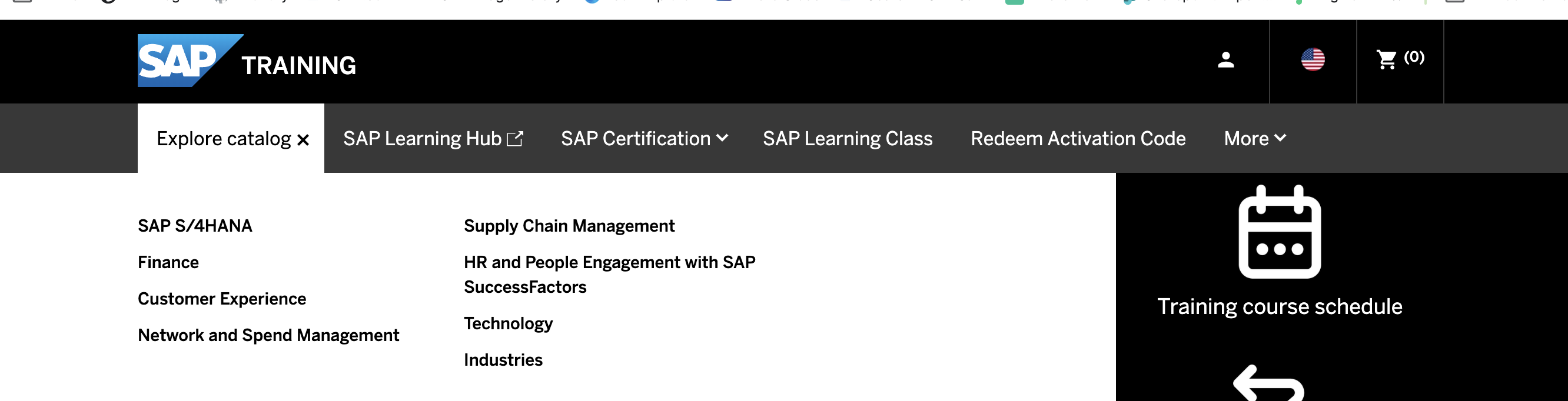 training.sap.com — the Learning touchpoint's own masthead, using a black 'SAP TRAINING' lockup, a shopping cart icon, and a tab-style secondary nav that doesn't match the shared floor plan