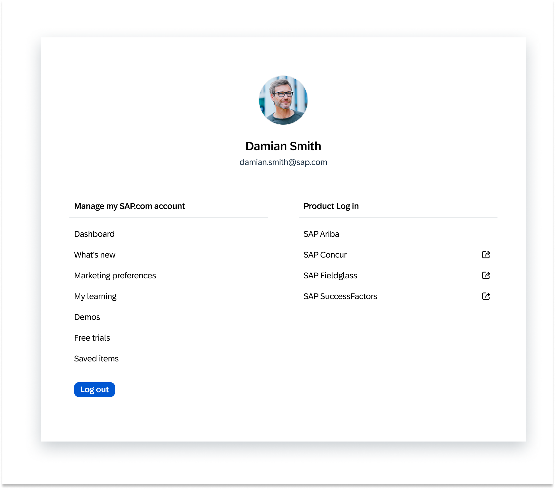 SAP.com account menu, Option 1 — Manage my SAP.com account and Product Log in columns, no separate Store column. This was the option chosen for development.