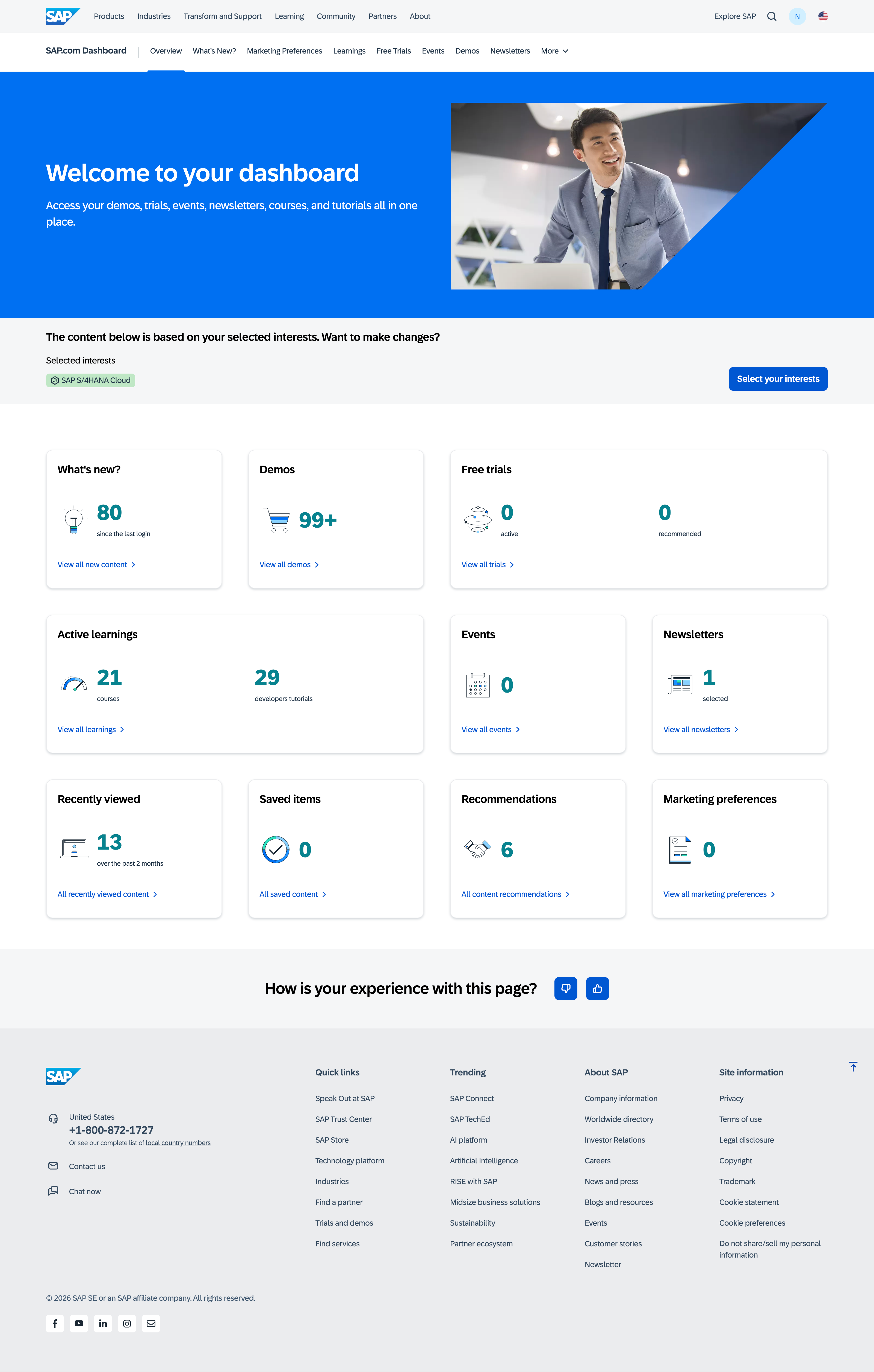 SAP.com personalized dashboard overview