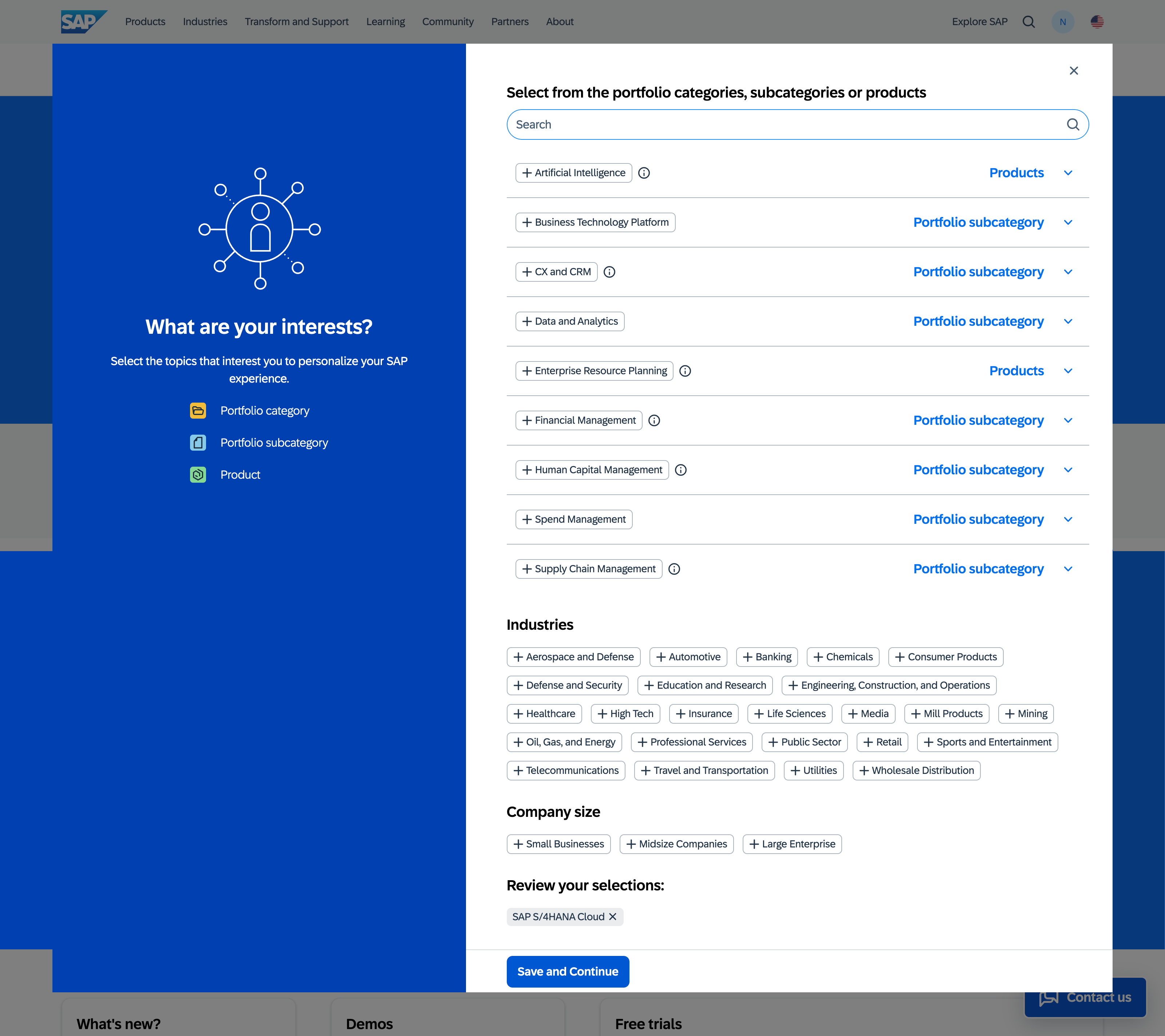 SAP.com 'What are your interests?' modal, letting a user select portfolio categories, subcategories, products, industries, and company size to personalize their experience